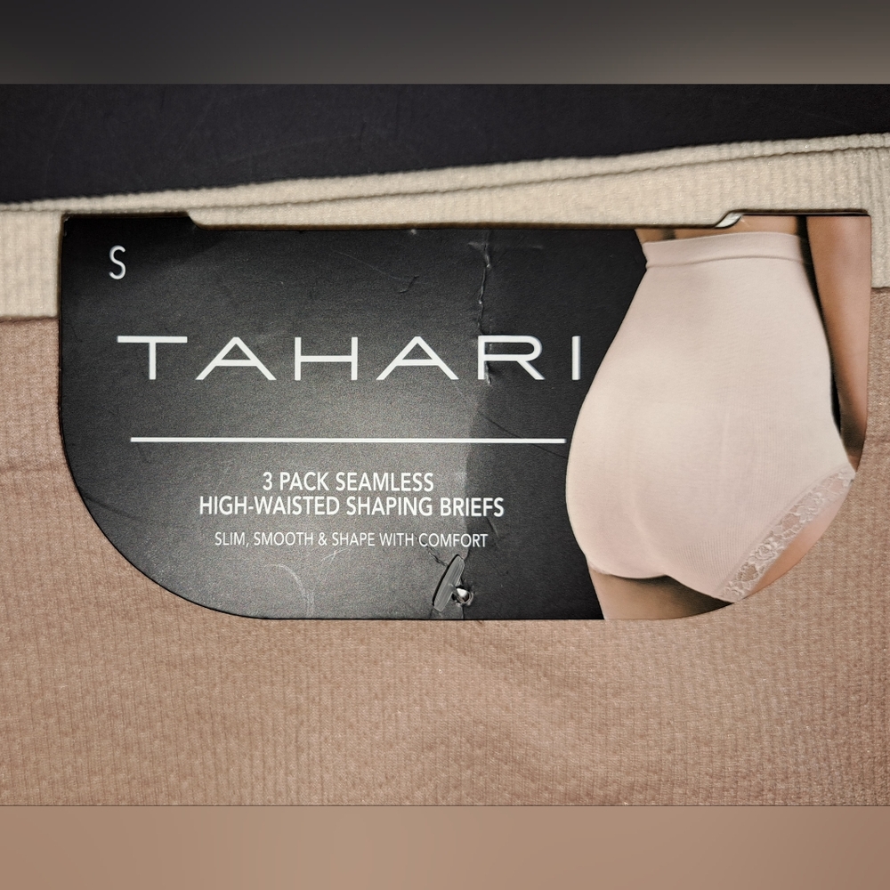 ❤️NWT TAHARI 2 Pc Seamless High Waisted Shaping Briefs Panties Lace Beige Nude S
